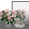 Fresh Pink Roses In Transparent Glass Vase And White Textured Ceramic Pot With Decorative Frame