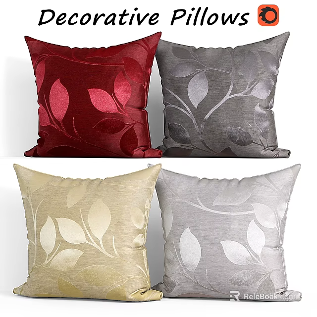 Decorative Throw Pillows in Red Gray Beige Silver with Leaf Branch Patterns 3d model 