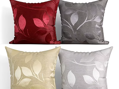 Decorative Throw Pillows in Red Gray Beige Silver with Leaf Branch Patterns 3d model