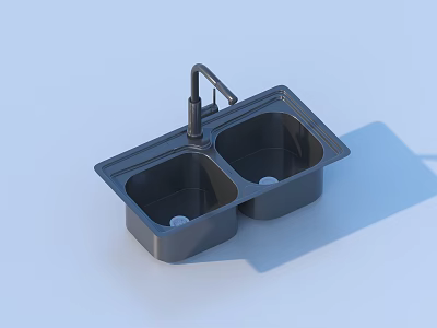 Double Basin Kitchen Sink With Modern Faucet And Dark Gray Finish 3d model