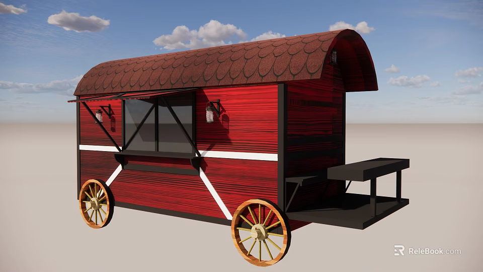Red Food Cart With Brown Tiled Roof White Stripes And Yellow Wheels 3d model 