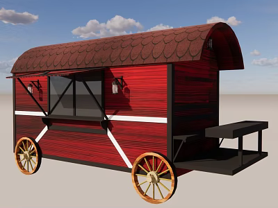 Red Food Cart With Brown Tiled Roof White Stripes And Yellow Wheels 3d model