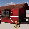 Red Food Cart With Brown Tiled Roof White Stripes And Yellow Wheels
