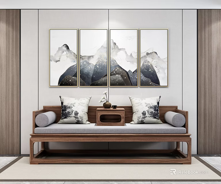 Traditional Chinese Wooden Daybed In Interior With Decorative Cushions And Landscape Paintings 3d model 