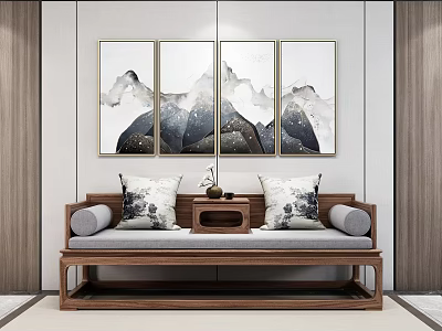 Traditional Chinese Wooden Daybed In Interior With Decorative Cushions And Landscape Paintings 3d model