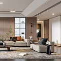 Modern Living Room Interior Design With Light Sofa Wooden Panel Backdrop And Gray Stone Accent
