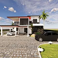 Two Story Detached House Red Roof Black Accents Porch Stone Paved Driveway And Palm Trees