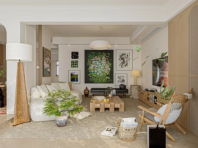 Cozy Natural Wood Style Living And Dining Room With Art Paintings And Fresh Green Plants 3d model