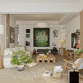 Cozy Natural Wood Style Living And Dining Room With Art Paintings And Fresh Green Plants
