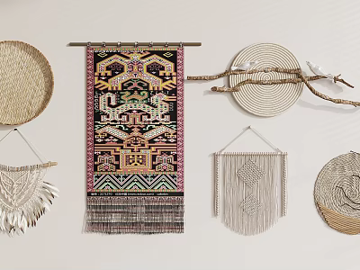 Bohemian Wall Decor Featuring Colorful Tapestry Macramé Hangings Round Woven Plates And Branch Accents 3d model