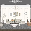 Elegant Living Room Interior With Beige Sofa Striped Chair Chandelier Area Rug And Wall Art