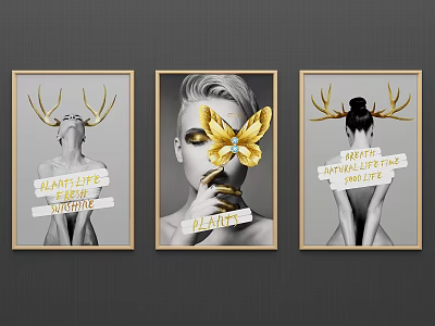 Three Modern Character Paintings With Golden Butterfly Antlers And Luxury Frames 3d model