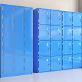 Blue Metal Lockers With Numbered Compartments Arranged In Bright Room Storage Units