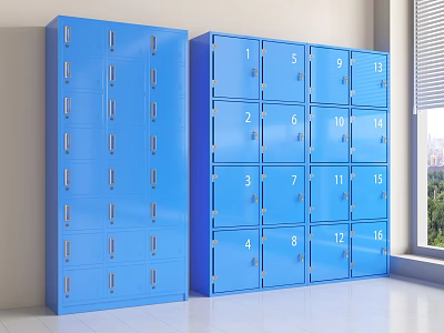 Blue Metal Lockers With Numbered Compartments Arranged In Bright Room Storage Units 3d model