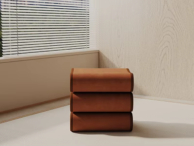 Brown Stacked Design Side Table by Window with Blinds Light Wooden Wall and Light Floor 3d model
