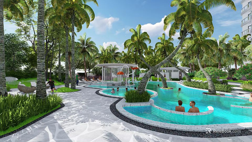 Tropical Garden Landscape with Palm Trees Swimming Pools Pavilion and People Swimming in Paved Area 3d model 