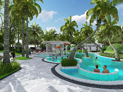 Tropical Garden Landscape with Palm Trees Swimming Pools Pavilion and People Swimming in Paved Area 3d model