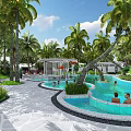 Tropical Garden Landscape with Palm Trees Swimming Pools Pavilion and People Swimming in Paved Area