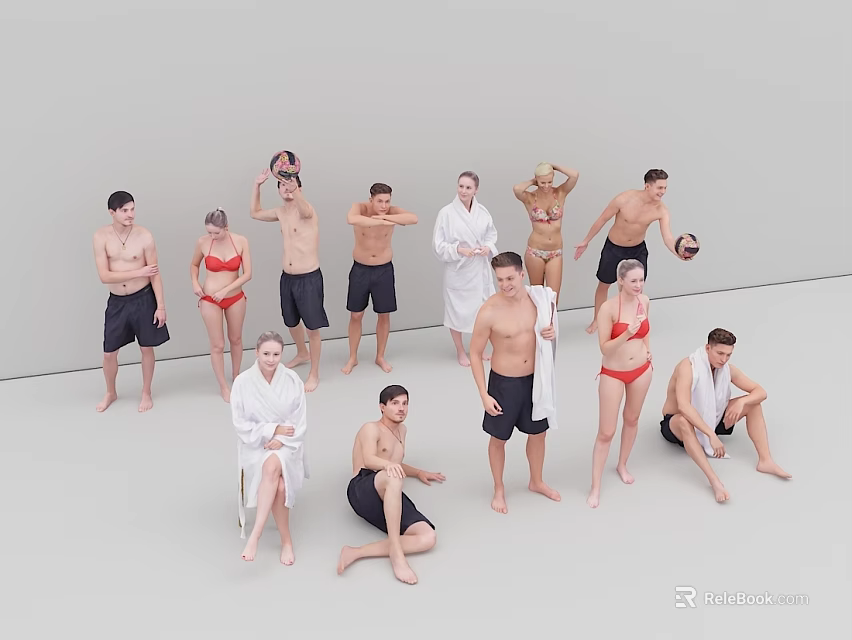 Group of People in Swimwear and Bathrobes Holding Balls Standing Sitting in Various Poses 3d model