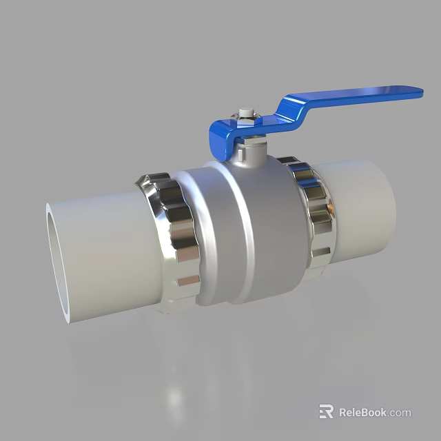Industrial Ball Valve With Blue Handle And Silver Body Connecting White Pipes 3d model 