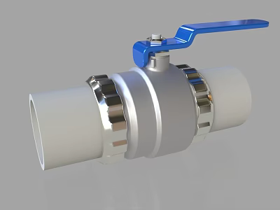 Industrial Ball Valve With Blue Handle And Silver Body Connecting White Pipes 3d model