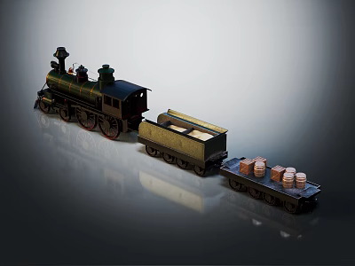 Vintage Steam Train Pulling Freight Cars Loaded With Wooden Barrels 3d model