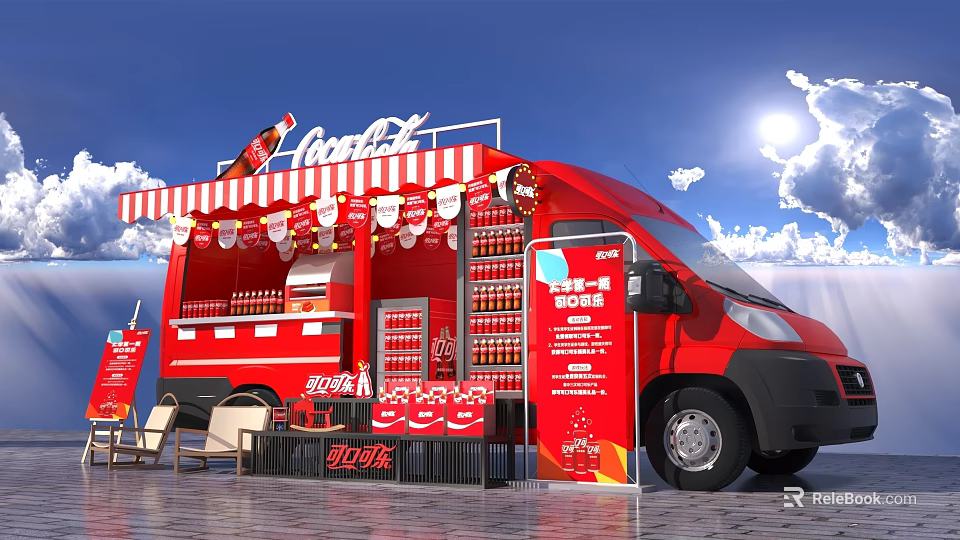 Red Coca-Cola Functional Vehicle Mobile Vending With Decorated Canopy And Beverage Displays 3d model 