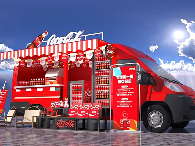 Red Coca-Cola Functional Vehicle Mobile Vending With Decorated Canopy And Beverage Displays 3d model