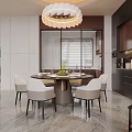 Elegant Modern Dining and Living Room Interior With Wooden Cabinets Pendant Light And Sofa