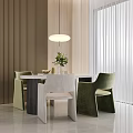 Modern Dining Table Set with White Marble Tabletop Black Legs and Green Beige Velvet Chairs