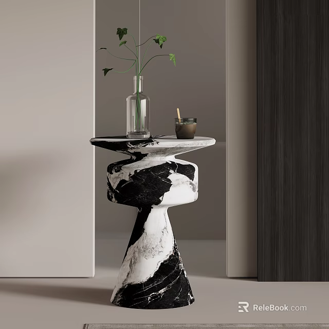 Modern Black And White Marble Side Table With Vase Green Plant And Candle 3d model 