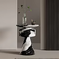 Modern Black And White Marble Side Table With Vase Green Plant And Candle
