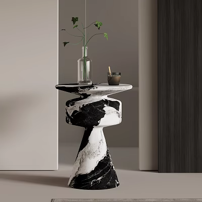 Modern Black And White Marble Side Table With Vase Green Plant And Candle 3d model