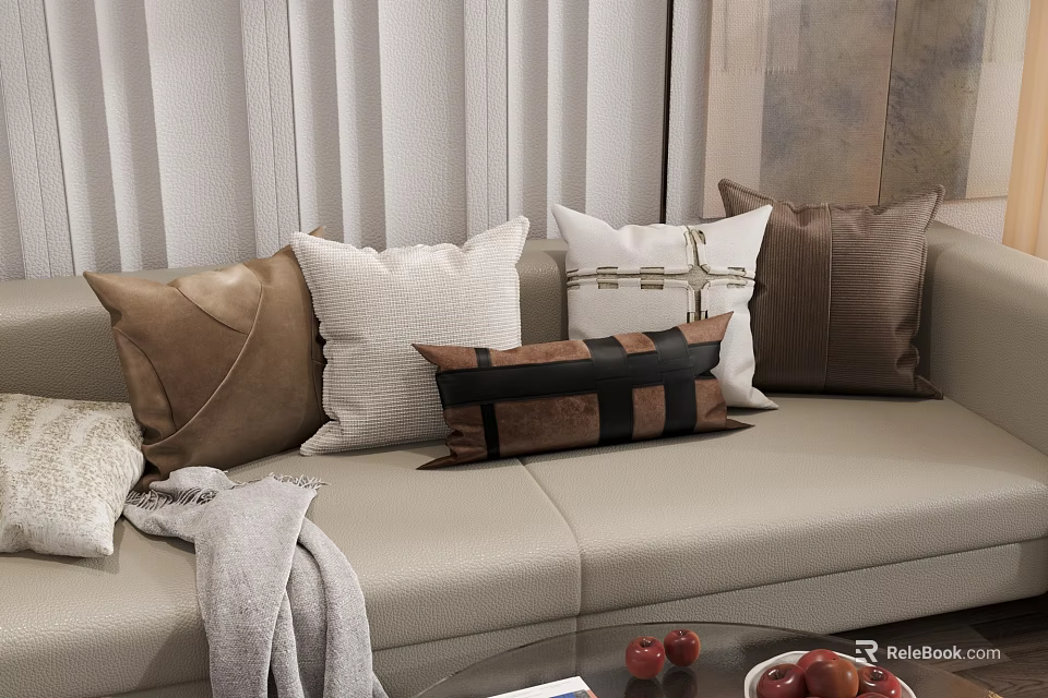 Stylish Decorative Sofa Pillows In Brown White With Black Strap Design On Beige Sofa 3d model 