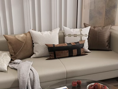 Stylish Decorative Sofa Pillows In Brown White With Black Strap Design On Beige Sofa 3d model