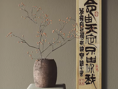 Traditional Clay Pot With Berry Branches And Chinese Calligraphy Scroll 3d model