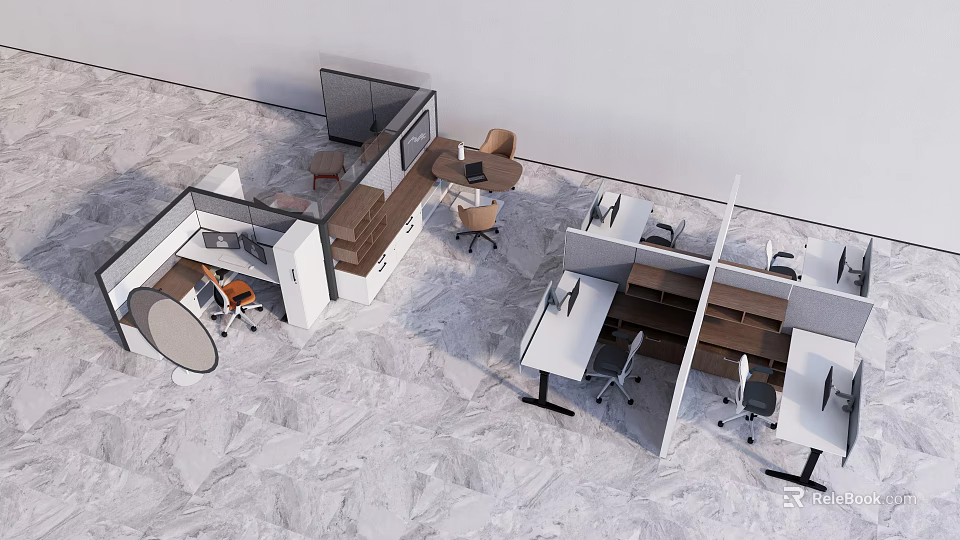 Modern Public Office Space Interior With Open Cubicles Desks And Office Chairs 3d model 