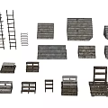 Miscellaneous Wooden Ladders Pallets And Stone Wall Decorative Items Collection 3d model