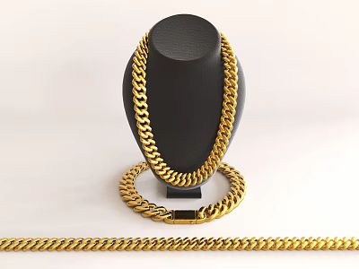 Golden Thick Link Chain Necklace Displayed On Black Jewelry Stand 3d model