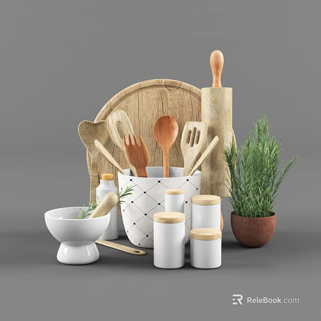 Stylish Kitchen Utensils With Wooden Tools Cutting Board Mortar And Pestle Storage Jars And Herbs 3d model 
