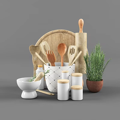 Stylish Kitchen Utensils With Wooden Tools Cutting Board Mortar And Pestle Storage Jars And Herbs 3d model