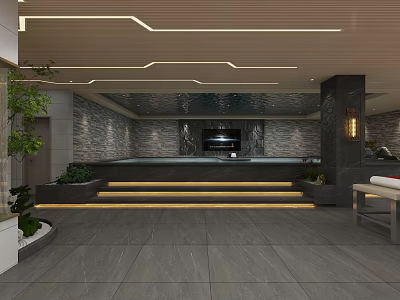 Elegant Modern SPA Sauna Interior With Stone Walls Wooden Ceiling And Soft Lighting 3d model