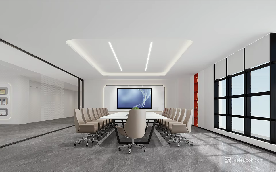 Modern Conference Room With Conference Table Chairs Large Screen And Bright Windows 3d model