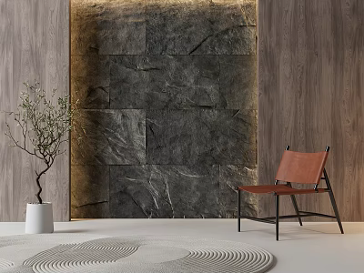 Sofa Accent Wall With Dark Stone Tiles And Wooden Paneling 3d model
