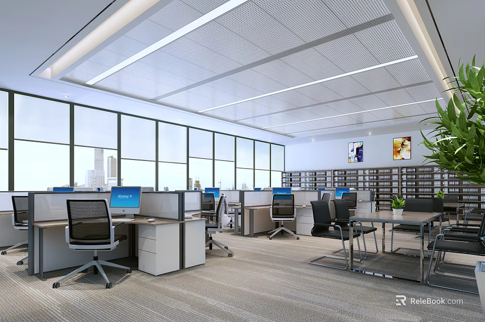 Modern Public Office Space With Desks Computers Office Chairs Large Windows And Potted Plants 3d model 