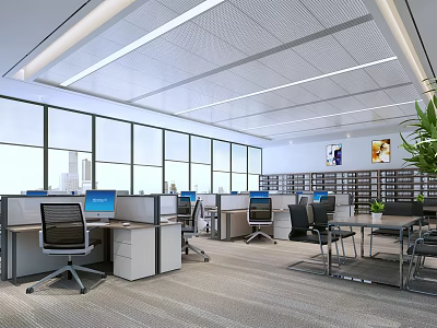 Modern Public Office Space With Desks Computers Office Chairs Large Windows And Potted Plants 3d model