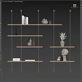 Modern Interior Wall with Floating Wooden Shelves Holding Books Decorative Vases and Sculptures