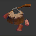 Wooden Stump Chopping Scene with Axe and Chopped Wood Pieces