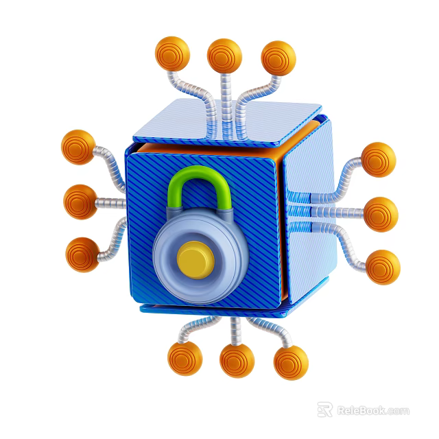 Blue Network Cube Design With Green Padlock And Orange Connecting Nodes 3d model