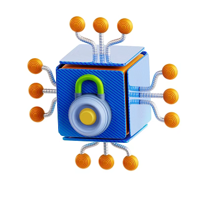 Blue Network Cube Design With Green Padlock And Orange Connecting Nodes 3d model